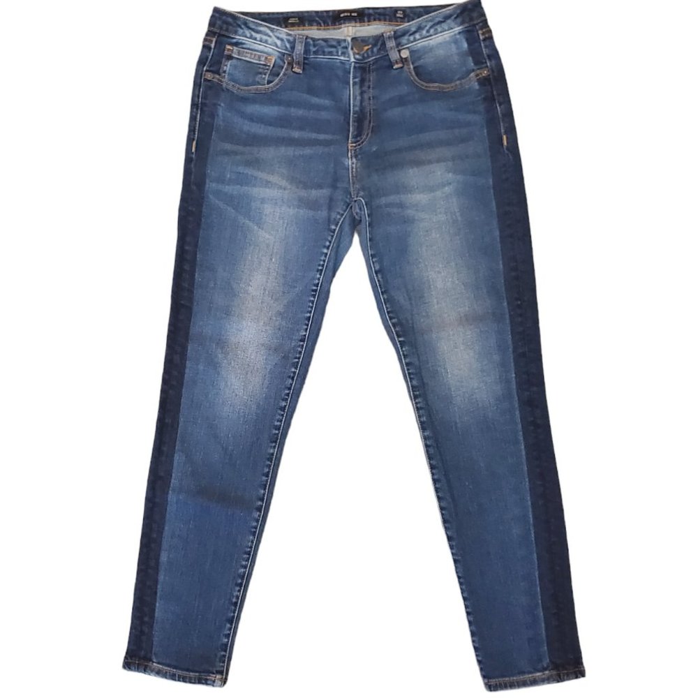 Miss Me Ankle Skinny 29 (Meas 28x26.5 9" Mid Rise) Tuxedo Stripe Dark Jeans A6
